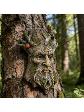 Whimsical Tree Face Garden Statue - Outdoor Fence Hugger Decor, Fairy Art, 6.9